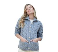 Aran Woolen Mills Ladies Buttoned Cabled Cardigan Sweater with Buttons and Pockets | Supersoft 100% Merino Wool Vest for Women (Blue, XXL)