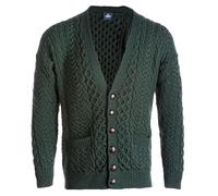 Aran Woollen Mills Irish cardigan with front pockets and buttons, super soft merino wool knitted cardigan for men, dark green, XL