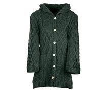 Aran Woollen Mills Ladies Irish Knit Long Cardigan 100% Merino Wool with Buttons Hood Front Pockets (Army Green, XL)