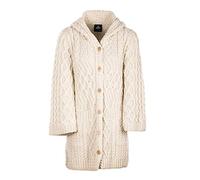 Aran Woollen Mills Ladies Irish Knit Long Cardigan 100% Merino Wool with Buttons Hood Front Pockets (White, M)