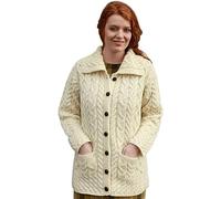 Aran Woollen Mills Ladies Long Chunky Wool Aran Knit Cardigan Sweater with Collar and Pockets (Medium, Natural)