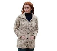 Aran Woollen Mills Ladies Long Chunky Wool Aran Knit Cardigan Sweater with Collar and Pockets (Small, Skiddaw)