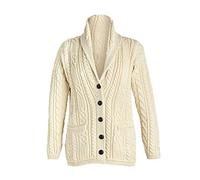 Aran Woollen Mills Ladies Merino Wool Cable Knit Irish Shawl Cardigan Sweater with Pockets (Medium, Natural)