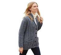 Aran Woollen Mills Women's Merino Wool Cable Knit Irish Shawl Cardigan Pockets Sweater, Grey, XXL