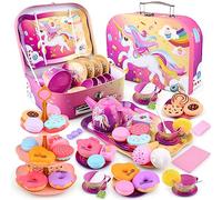 ARANEE Tea Set Toys for Girls Unicorn Toy for Tea Party with Tea Bags and Lemon Slices, Variety Dessert, Teapot Tray, Tablecloth&Carrying Case, Kitchen Toys for Age 3 4 5 6 7 8 Girls (Pink) (Pink New)