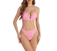Aranmei 2-Piece Lingerie Set Lace Front Fastener Wireless Bra and Panty Set with Diamond Heart Element Pink