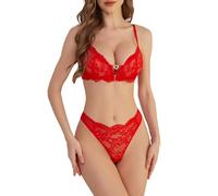 Aranmei 2-Piece Lingerie Set Lace Front Fastener Wireless Bra and Panty Set with Diamond Heart Element Red