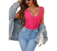 Aranmei Bodysuit for Women Sexy Lace Body Suit Sleeve Ladies Sexy Leotard Top with Snap Closure Going Out Casual Top Bodysut, Hot Pink, L