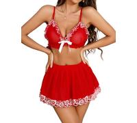 Aranmei Christmas Costumes for Women Red Lace Bra with Skirt Sets Sexy Santa Babydoll Nightwear Red XL