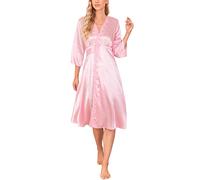 Aranmei Dressing Gown Womens Kimono Satin Bathrobe Long Robe Wedding Bride/Bridesmaid Lace Nightgown Spring/Autumn Morning Gown, Pink,XXL