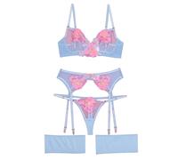 Aranmei Lingerie Set for Women 4 Piece Lingerie Set with Floral Embroidered Lace Sheer Underwire Bra with G-String Thigh Bands with Garter Belt Lingerie Set, Blue Pink, XXL