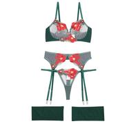 Aranmei Lingerie Set for Women 4 Piece Lingerie Set with Floral Embroidered Lace Sheer Underwire Bra with G-String Thigh Bands with Garter Belt Lingerie Set, Dark Green, L
