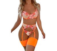 Aranmei Sexy Lingerie Set for Women Naughty 4 Piece Lingerie Set with Floral Embroidered Lace Sheer Underwire Bra with G-String Thigh Bands with Garter Belt Lingerie Set, Orange, XL