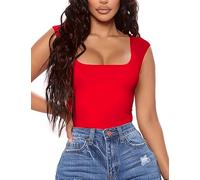 Aranmei Women Sexy Causal Bodysuit Square Neck Sleeveless Tank Top Bodysuit Teddy Clubwear for Going Out(Red XL)