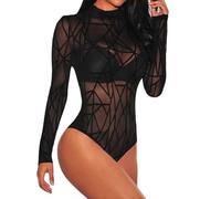 Aranmei Women Sexy Sheer Floral Lace Bodysuit Long Sleeve Teddy Lingerie, L, Black Striped
