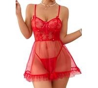 Aranmei Women's Lace Doll-like Nightgown Set with Floral Details is Perfect for Honeymoons and Valentine's Day. Red