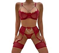 Aranmei Women's Lingerie Sets with Thigh Cuffs Sexy Underwear Set for Women Naughty 4 Pieces Garter Belt Lingerie Set Wine Red XL