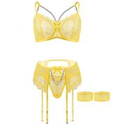 Aranmei Women's Lingerie Sets with Thigh Cuffs Sexy Underwear Set for Women Naughty 4 Pieces Garter Belt Lingerie Set Yellow M