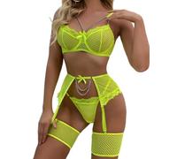 Aranmei Women's Lingerie Sets with Thigh Cuffs Sexy Underwear Set for Women Naughty 4 Pieces Garter Belt Lingerie Set Neon Green XXL