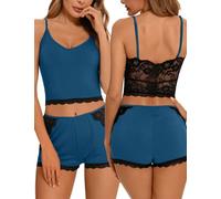 Aranmei Womens Pyjama Sets Sexy Lingerie Lace Loungewear Cami Shorts Set V Neck Pj Lace Nightwear Blue S