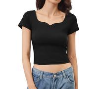 Aranmei Women's Short Sleeve Sweetheart Neck Crop Top - Slim Fit Going Out Basic Tee Shirt, Summer Casual Sexy Tee Black