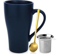 Arawat 500 ML Large Coffee Mug Tea Cup with Lid and Strainer Blue Large Mugs for Hot Drinks Ceramic Coffee Cup with Spoon & Coaster Cute Birthday Gift Dark Blue Tea Gift