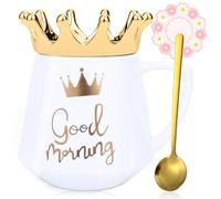Arawat Good Morning Mug with Lid Sweet Mug Gift with Crown White Tea Coffee Mug with Spoon & Coaster 350 Ml Ceramic Mug Birthday Gift for Women Girls Mum Girlfriend