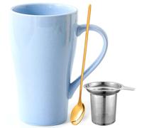 Arawat Large Mug 500 Ml Tea Mug with Strainer XXL Coffee Mug Ceramic Tea Mug Original with Spoon & Coaster 500 Ml Coffee Mug Cute Birthday Present Tea Coffee Mug Gift (Blue)