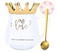 Arawat My Love Mug with Lid Sweet White Mug with Crown Coffee Mug Gift with Spoon & Coaster 350 Ml Ceramic Tea Mug Birthday Gift for Women Girls Mum Girlfriend