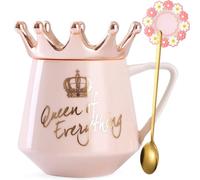 Arawat Pink Queen of Everything Mug with Lid Sweet Pink Mug with Crown Tea Coffee Mug Gift with Spoon & Coaster 350 Ml Ceramic Mug Birthday Gift for Women Girls Mum Girlfriend