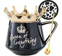 Arawat Queen of Everything Mug with Lid Coffee Mug with Spoon & Coaster Cute Black Mugs Gift with Crown 350ML Ceramic Tea Cup Birthday Gift for Women Girls Girlfriend