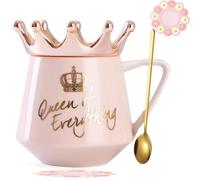 Arawat Queen of Everything Mug with Lid Crown Queen Elizabeth Mug Gift Pink 350 Ml Ceramic Mug Birthday Gift for 20 30 40 50 60 70 80 90 Women Gift for Girlfriend Girl Mum Grandma