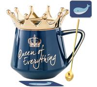 Arawat Queen of Everything Mug with Lid Cute Mug Gift with Crown Blue Coffee Mug with Spoon & Coaster 350ml Ceramic Tea Mug Birthday Gift for Women Girls Mum Girlfriend