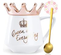 Arawat Queen of Everything Mug with Lid Sweet White Mug with Crown Coffee Mug Gift with Spoon & Coaster 350 Ml Ceramic Tea Mug Birthday Gift for Women Girls Mum Girlfriend