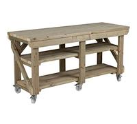 Arbor Garden Solutions Heavy Duty Mobile Workbench with Double Shelf, Pressure Treated Timber Workshop Table on Wheels - 6ft (180cm)