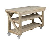 Arbor Garden Solutions Heavy Duty Mobile Workbench with Double Shelf, Pressure Treated Timber Workshop Table on Wheels - 3ft (90cm)