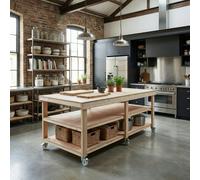 Arbor Garden Solutions Wooden Workbench Eucalyptus Hardwood Top Depth-4ft Double Shelf and Wheels - Without expert assembly - 210cm