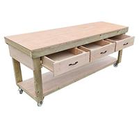 Arbor Garden Solutions Wooden Workbench Eucalyptus Hardwood Top With Drawers and Legs With Lockable Wheels (8ft)