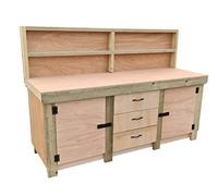 Arbor Garden Solutions Wooden Workbench With Drawers and Double Lockable Cupboard with Back Panel and Double Shelf - Eucalyptus 18mm Hardwood Top (7ft)