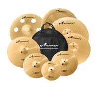 Arborea Cymbal Pack for Drum 8 pcs Super Polishing Cymbals Set Brilliant Gold Hero Series Include 14"Hihats 16"Crash 18"Crash 20"Ride Bonus 10" Splash 16"Ozone Stacker 18" China Cymbal Free Cymbal Bag