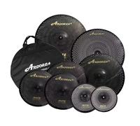 Arborea Low Volume Cymbal Pack 8pcs Black Quiet Practice Cymbals for Drums Set 10"/12"Splash/14"Hihats/16"Crash/18"Crash/20"Ride/18"China Silent Cymbal with Cymbal Bag a Pair of Drumsticks
