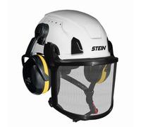 Arborist Chainsaw Safety Helmet Kit White - ARMORIS Helmet with Hellberg Secure 2 Ear Defenders 29SNR & Clear Protective Shell - STEIN