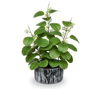 Arborus 14.1" Fake Plants in Pots - Artificial Ficus with Seeds - Indoor Faux Green Plants with Black and White Striped Pots - Artificial Greenery for Home Decor