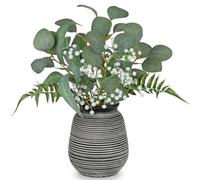 Arborus 14.5" Artificial Eucalyptus and Fern Arrangement with Rustic Vase Silk Green Eucalyptus Leaves in Ceramic Vase Faux Greenery Bouquet for Table Centrepiece Home Bathroom Shelf Decor