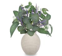 Arborus 14.5" Artificial Eucalyptus and Lavender Arrangement with Rustic Vase Silk Green Eucalyptus Leaves in White Ceramic Vase Faux Greenery Bouquet for Table Centrepiece Home Bathroom Shelf Decor