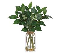 Arborus 14" Artificial Laurel Plants in Glass Vase 36cm Faux Bay Leaves Branches in Vase with Faux Water Small Fake Plant Indoor Silk Greenery for Home Office Table Centrepiece Bathroom Decor