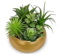 Arborus 17cm Artificial Succulents Plants Potted Indoor Fake Mix Succulents in Gold Ceramic Pot Realistic Faux Plant in Pots for Window Sill Office Table Home Bathroom Living Room Decorations