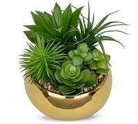 Arborus 17cm Artificial Succulents Plants Potted Indoor Fake Mix Succulents in Gold Ceramic Round Pot Realistic Faux Plant in Pots for Window Sill Office Table Home Bathroom Living Room Decorations