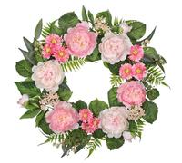 Arborus 23" Artificial Flower Wreath for Front Door 60cm Artificial Silk Peonies and Daisies Wreath Spring Summer Wreaths with Greenery Pink Floral Door Wreaths for Wedding Home Wall Decor