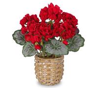 Arborus 28cm Artificial Red Geraniums Flowers in Woven Pot Realistic Silk Flowers in Rustic Basket Indoor Faux Potted Plant Artificial Flower Arrangement for Home Balcony Table Living Room Décor